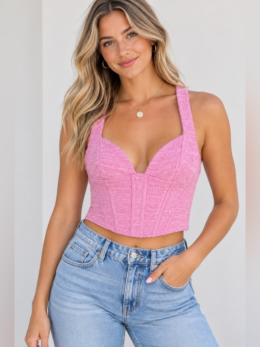 ZARA Women’s Pink Textured Corset Bustier Crop Top Size Small S